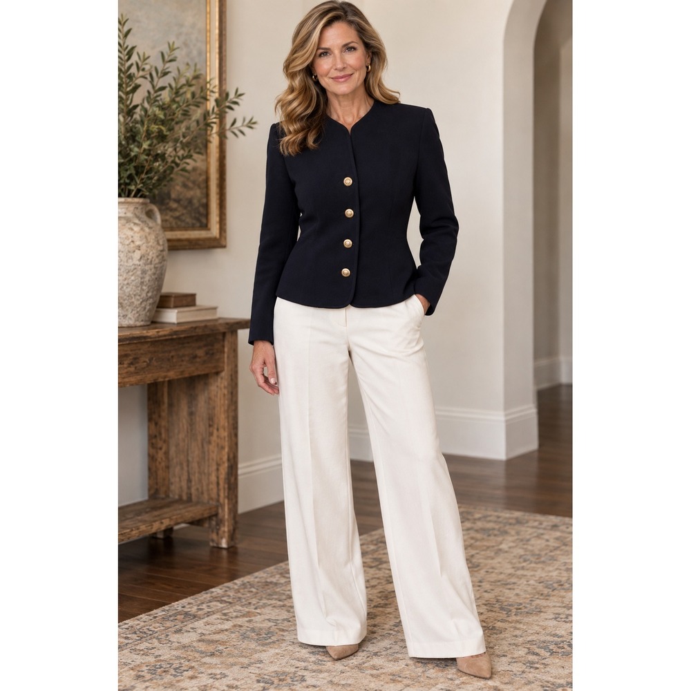 Vintage Womens Navy Wool Cashmere Collarless Blazer Jacket Gold Button Luxury 8